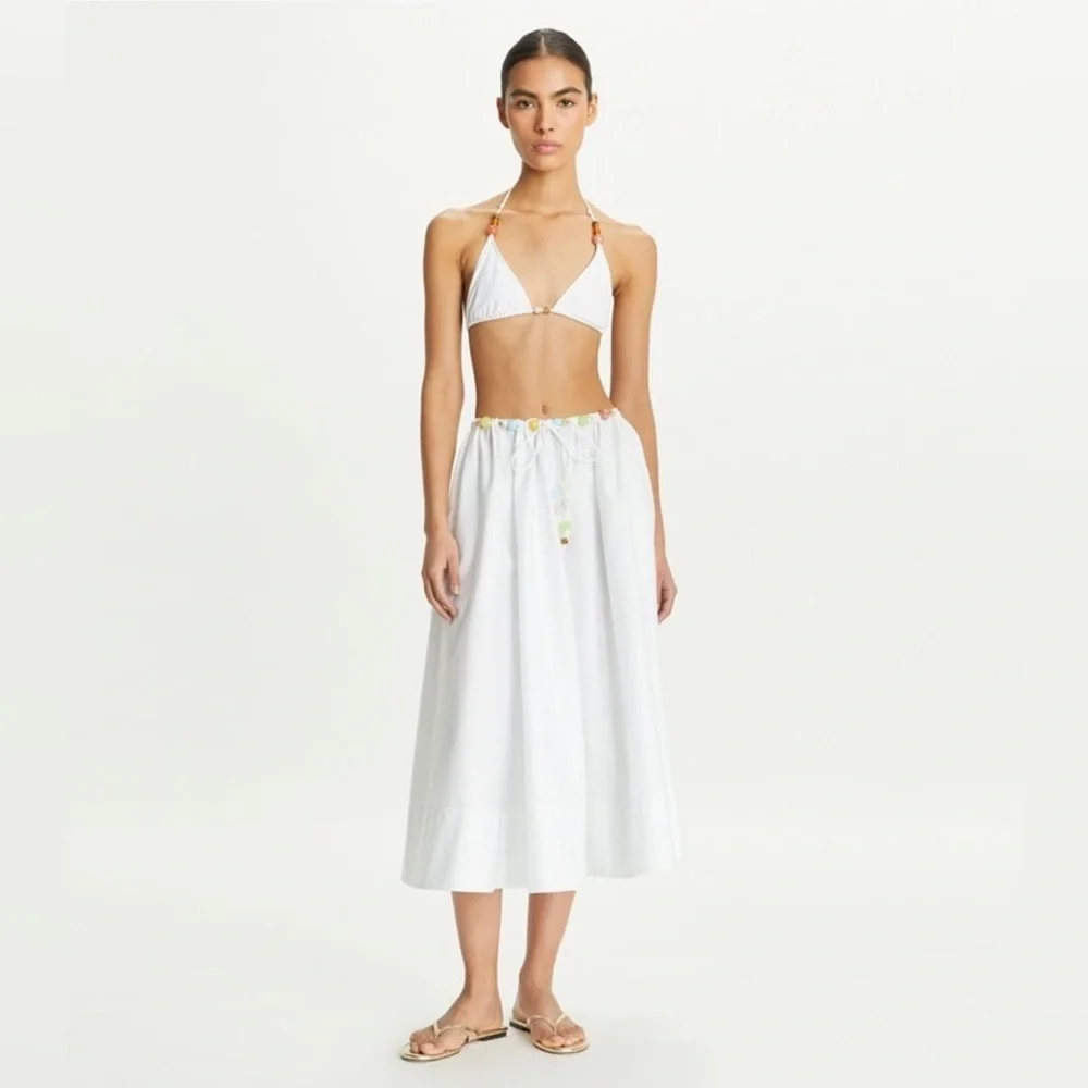 NWT $398 Tory Burch Beaded Cotton Poplin Skirt In White